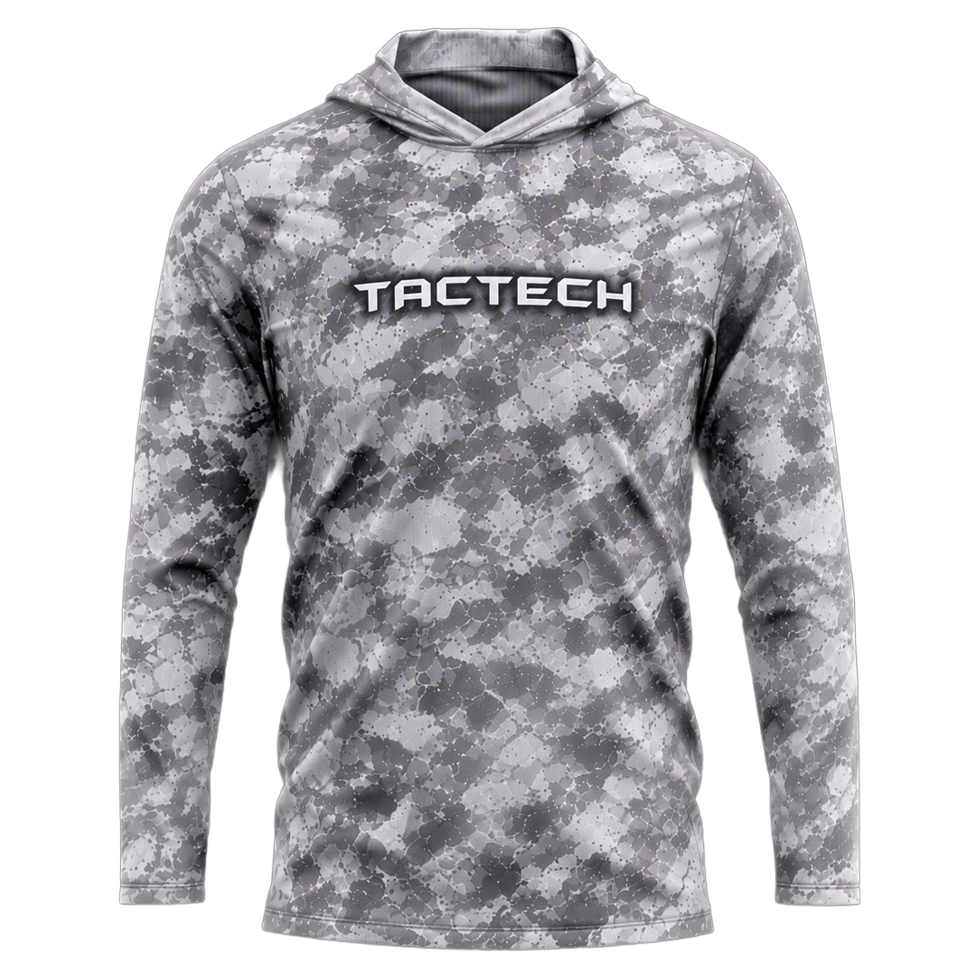 Remera de pesca UV con capucha — Gris original Remera de pesca TACTECH con capucha, sin cuello, en Gris original