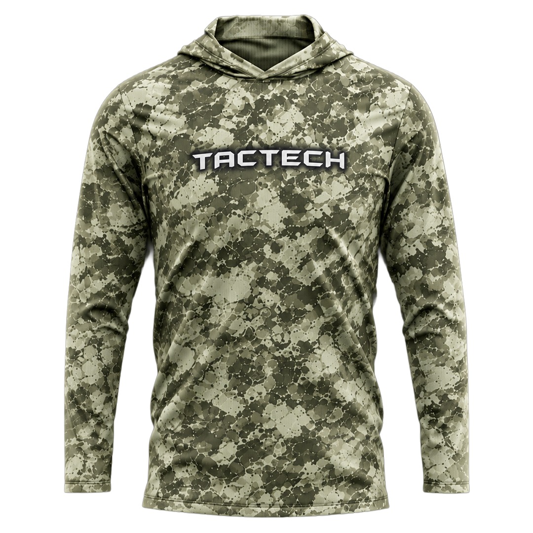 Remera de pesca UV con capucha — Verde Oliva Remera de pesca TACTECH con capucha, sin cuello, en Verde Oliva